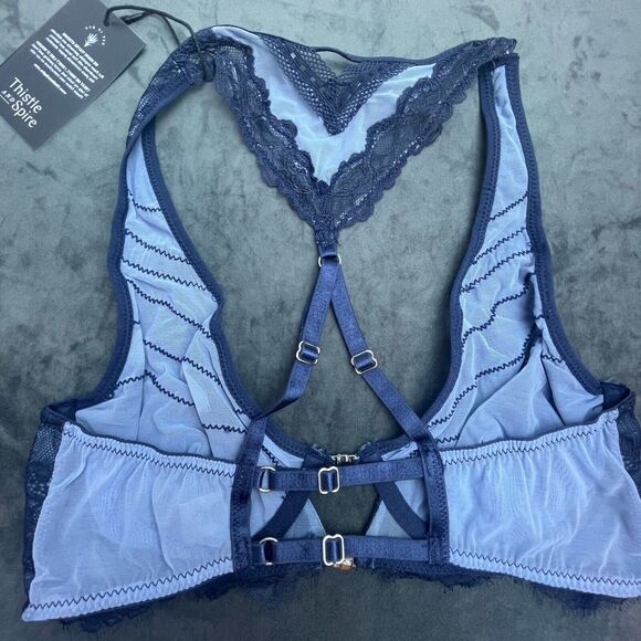 Thistle and Spire Bra Womens 34C Denim Racerback Lace Strappy Sheer Revolve - Picture 2 of 4